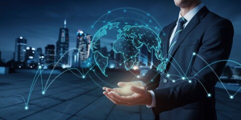 businessman holding a digital globe with world map, Global Connectivity worldwide communication, transformation and data exchange transfer, network connections.
