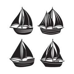 set of sailboat silhouette, black and white silhouette, vector and illustration