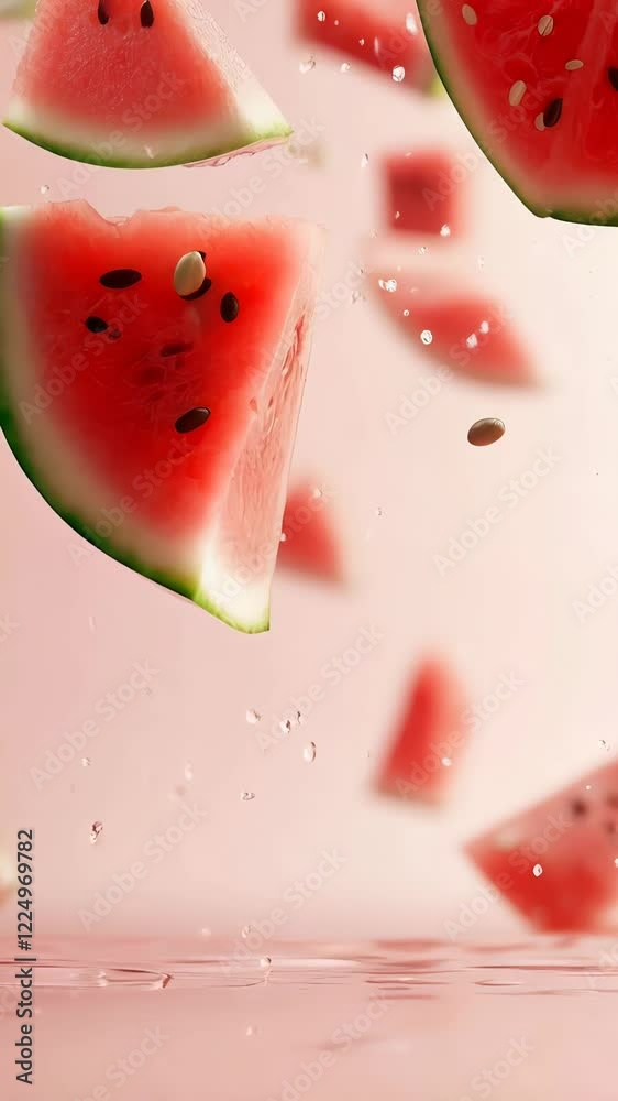 Aufkleber Several triangular slices of ripe watermelon with black seeds are levitating on a pink background, creating a refreshing and summery visual with water droplets adding a dynamic touch