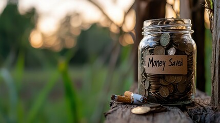 A glass jar labeled "Money Save" filled with coins, resting on a wooden surface, with a blurred natural background highlighting savings and financial goals.
