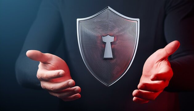 Duas m&atilde;os e um escudo cinza ao centro flutuando indicando seguran&ccedil;a