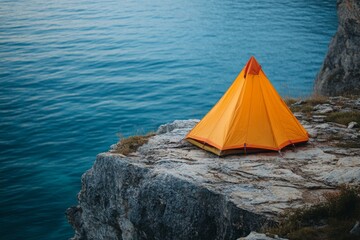 Solo Camping Adventure Orange Tent on Ocean Cliff