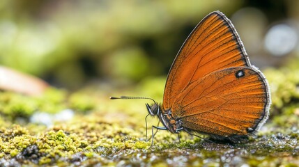 Fototapeta premium Orange butterfly on moss in natural sunlight. Ideal for wildlife conservation and environmental awareness.