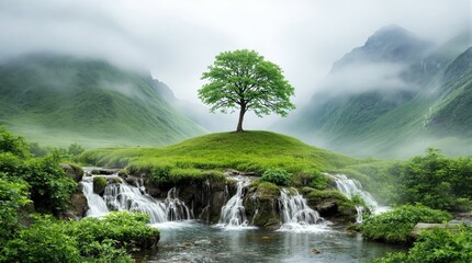 A single tree atop a lush green hill surrounded by cascading waterfalls, with misty mountains in the background. Concept of nature's tranquility. Ai generative