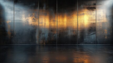 Dark brushed metal surface with warm golden reflections and industrial texture
