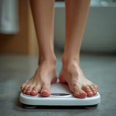 Woman standing on floor scales in bathroom interior, closeup cropped shot. Diet, healthy lifestyle, loss weight, slim concept
