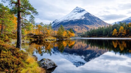 Obraz premium Snow-capped mountain peak reflects in a calm alpine lake surrounded by colorful autumn forest during daytime.