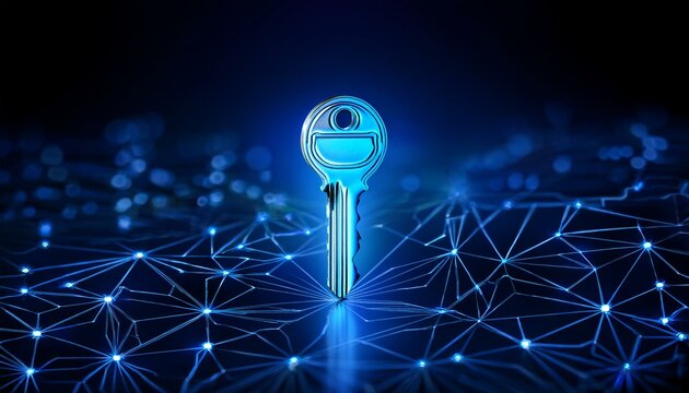 Uma chave azul simulando seguran&ccedil;a digital e criptografia