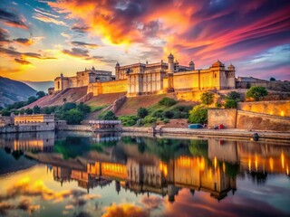Fototapeta premium Surreal Amber Fort Jaipur: Floating Palace at Sunset, Rajasthan, India
