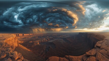 Dramatic storm clouds over a canyon landscape at sunset with golden light