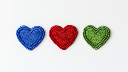 Obraz premium one red, blue and Green heart Embroidered Appliqué Patches, flat lay, front view, white background.
