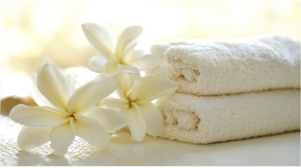 White plumeria flowers with spa towels in soft light. Ideal for wellness and luxury spa services.