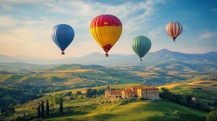 Fototapeta premium Colorful hot air balloons soaring over a picturesque Tuscan landscape with a historic villa below