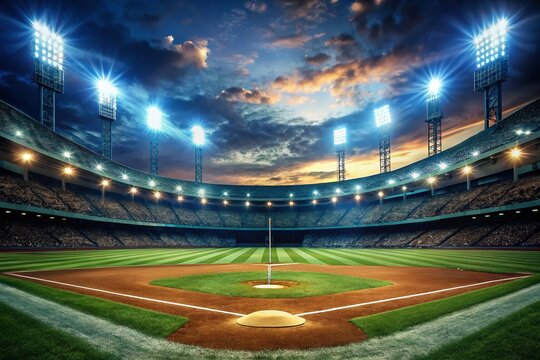 Surreal Baseball Stadium: Cartoon Banner, Night Game, Spotlight, Empty Stands - Sports Competition Background