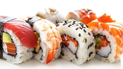 Side view of a vibrant sushi arranged in rows, showcasing an array of colorful rolls