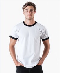 Obraz premium Man Modeling a White Ringer T-Shirt with Black Trim: Casual Apparel Fashion Shot