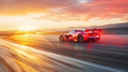 red supercar speeds down a curving racetrack at sunset, leaving a trail of golden reflections. The scene exudes power, speed, and the thrill of high-performance automotive engineering