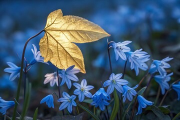 Surreal Blue Flowers and Golden Leaf: Magical Botanical Art