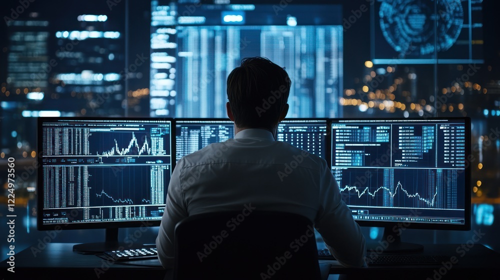 Poster man working late at night, analyzing data on multiple monitors.