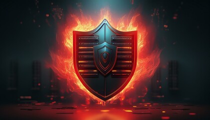 Um escudo com bordas de fogo representando um Firewall e seguran&ccedil;a digital