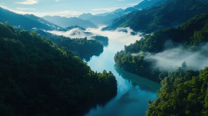 Obraz premium A serene aerial view of a winding river surrounded by lush green mountains and mist, capturing the beauty of nature.