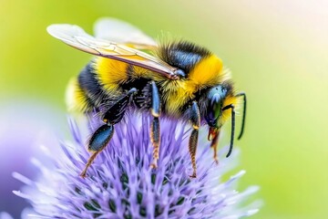 Bumble Bee on Echinops or Globe Thistle. Green Blurry Background. Copy Space.