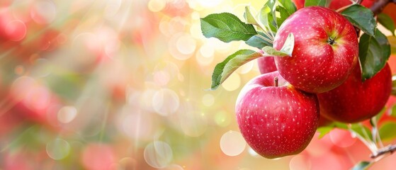 Obraz premium Closeup of red apples on a tree with dew drops. Great for design sites about gardening, ecology and healthy lifestyle.