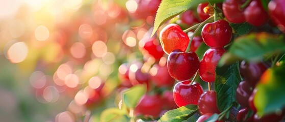 Obraz premium Juicy red cherries on a branch, sunlit, would be perfect for cooking blogs and recipes.