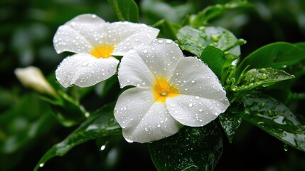 Obraz premium Two white flowers with yellow centers bloom amidst lush green leaves, glistening with fresh raindrops.
