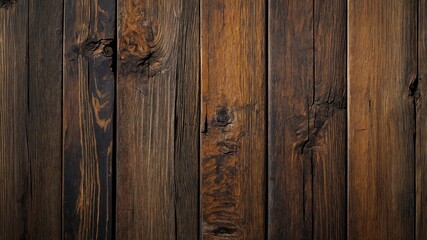 Fototapeta premium A close-up view of a dark table made of wood planks arranged vertically. The surface of the table is aged and textured, with natural wood grain patterns. Grunge wooden background. 