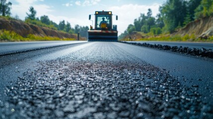Road roller on an asphalt road. Suitable for illustration of construction projects, presentations about road construction and advertising of construction equipment.