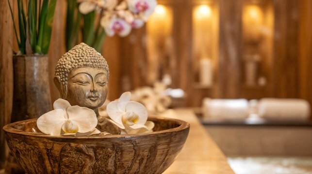 Buddha statue with orchids in spa setting. Ideal for meditation and spiritual wellness.