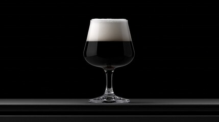 Dark beer in a tall glass with white foam on a dark background on a dark surface