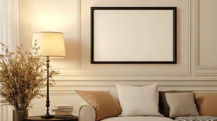 Cozy Living Room with Empty Frame and Decorative Lamp