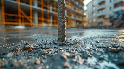 Detailed image of a construction site with rebar and concrete, useful for construction, renovation and industrial publications and in engineering education materials.