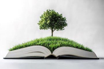 Open book with a miniature tree growing from the pages symbolizing knowledge and environmentalism.