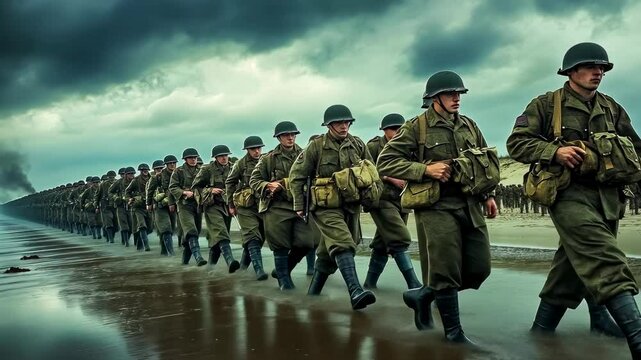 Soldiers marching along a gloomy beach, morning drill. Men training on coastal sands during sunrise. Troops advance rhythmically across the shoreline. Uniformed group under overcast skies,