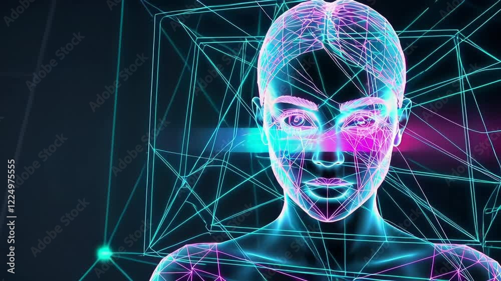 Aufkleber Complex algorithms analyze a woman's face, creating a digital mesh and highlighting key features with vibrant colors, demonstrating advanced biometric technology