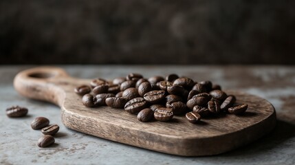 Roasted coffee beans on wooden board. Ideal for artisanal coffee and beverage marketing.