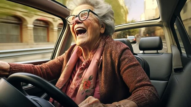Happy crazy granny in glasses, driving at speed in a car with her eyes bulging and laughing. driving a modern car. Generative 4k video