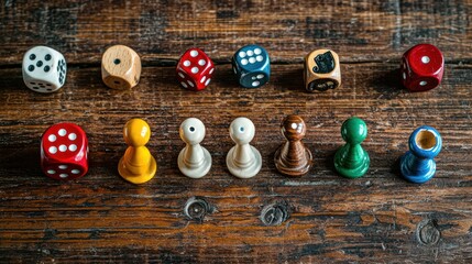 A set of board game pieces, including dice and pawns, arranged on a wooden table."