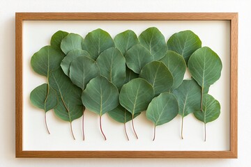 Eucalyptus leaves arranged in a wooden frame against a white background for a natural look