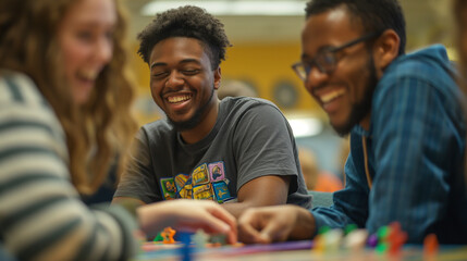 Young adults laughing and playing a board game together.