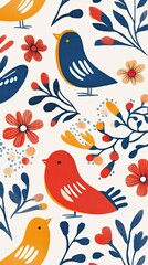 Obraz premium Colorful Birds and Flowers Pattern Design