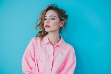Fototapeta premium Full size photo of pretty young woman listen music dance empty space wear pink shirt on blue color background.