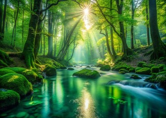 Fototapeta premium Surreal Dreamlike Forest Stream: Lush Green Canopy, Magical River