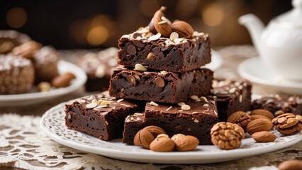 A plate of decadent chocolate brownies stacked on a decorative white lace doily,