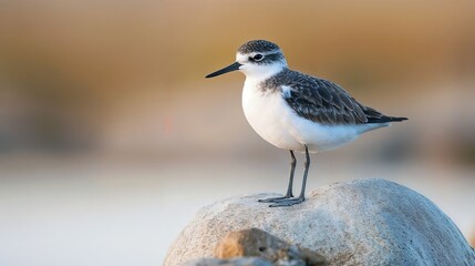 Elegant shore bird perched on rock in soft natural lighting. Ideal for wildlife photography, nature conservation and coastal lifestyle content.