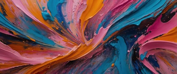 Vibrant abstract painting with multicolor paint stains and splashes. Colorful grunge liquid paint stains artwork header design.	
