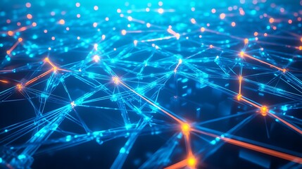 Obraz premium Sky-high city with interconnected glass tubes glowing with neon blue light